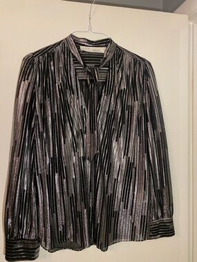 IRO Black and Silver Metallic Stripe Tie-Neck Blouse. Medium fit